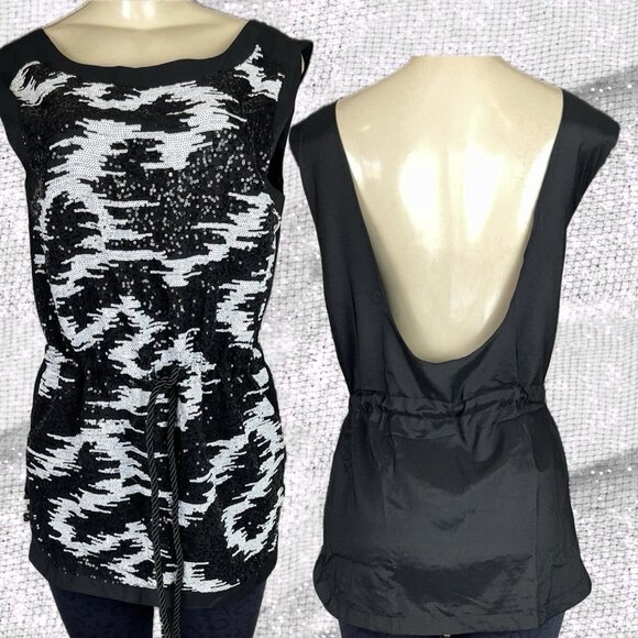 Hype L Black-White Sequin Lined Open Back Drawstring Cord Waist Sleeveless Top - Picture 1 of 6